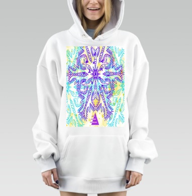 Симметричный абстрактный узор сиреневый голубой жёлтый, Hoodie Mjhigh Dig, оверсайз, утепленная