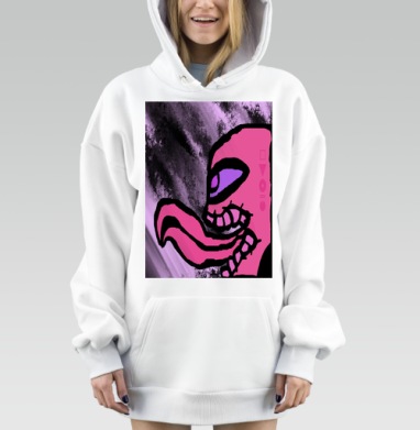 Страшная розовая морда с языком на черном фоне, Hoodie Mjhigh Dig, оверсайз, утепленная