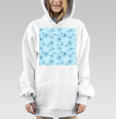 Нежные голубые цветы в синих контурах на светлом фоне, Hoodie Mjhigh Dig, оверсайз, утепленная