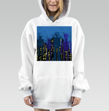 Ночной городской пейзаж с яркими окнами огнями в мегаполисе, Hoodie Mjhigh Dig, оверсайз, утепленная