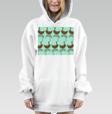 Орнаментальные коричневые утки на голубой воде продолжают движение, Hoodie Mjhigh Dig, оверсайз, утепленная