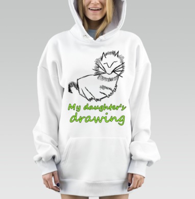 Рисунок ребенка кошка стиль детский наивный рисунок, Hoodie Mjhigh Dig, оверсайз, утепленная