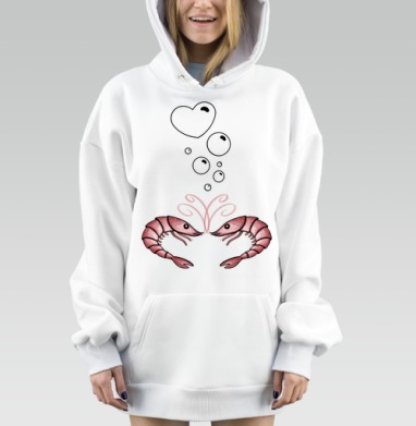 Розовые влюбленные креветки на голубом фоне с пузырьками и сердцем, Hoodie Mjhigh Dig, оверсайз, утепленная