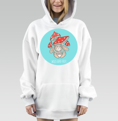 Кролик под мухоморами дикий и свободный, Hoodie Mjhigh Dig, оверсайз, утепленная