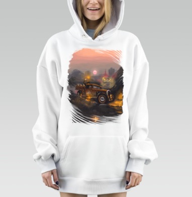 Ретро грузовик с гонкой в сумерках свобода приключений закат, Hoodie Mjhigh Dig, оверсайз, утепленная