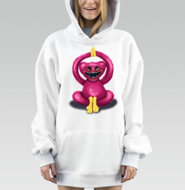 Розовый пушистый монстр в позе лотоса на сером фоне, Hoodie Mjhigh Dig, оверсайз, утепленная