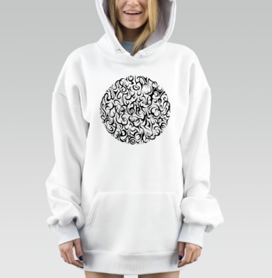 Абстрактные Каллиграфические Завитки с Черно Белым Орнаментом, Hoodie Mjhigh Dig, оверсайз, утепленная