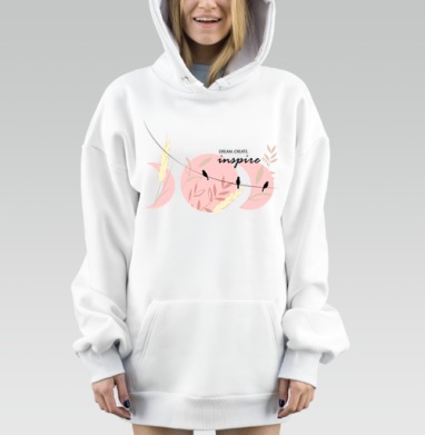 Нежные птицы с мотивирующими словами мечтай твори вдохновляй, Hoodie Mjhigh Dig, оверсайз, утепленная