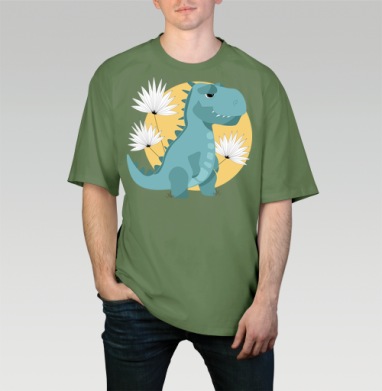 Динозавр рекс голубой на фоне солнца и цветов, Футболка мужская оверсайз оливковая