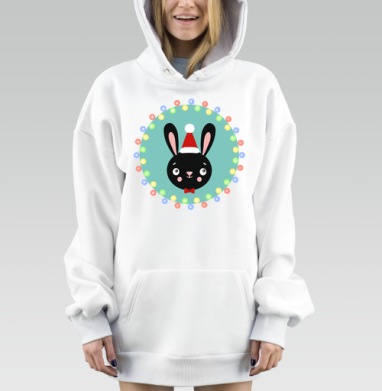 Черный заяц в новогодней шапке с огнями вокруг, Hoodie Mjhigh Dig, оверсайз, утепленная