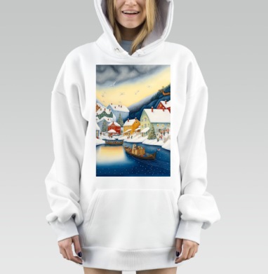 Зимняя деревня на реке лодки веселое настроение, Hoodie Mjhigh Dig, оверсайз, утепленная