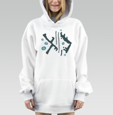 Абстрактная морская композиция в синем и сером в спокойных тонах, Hoodie Mjhigh Dig, оверсайз, утепленная