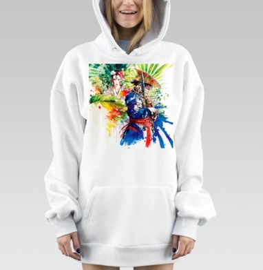 Женщина с цветами и воин в восточном стиле на сером фоне, Hoodie Mjhigh Dig, оверсайз, утепленная
