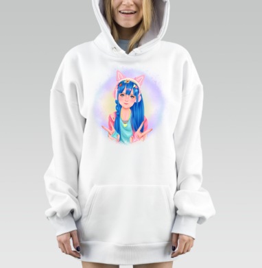 Девушка с синими волосами в наушниках кошках, Hoodie Mjhigh Dig, оверсайз, утепленная