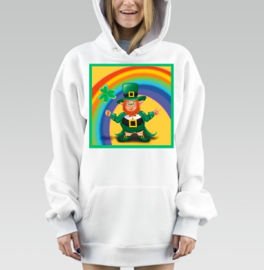 Веселый лепрекон с четырёхлистным клевером и радугой, Hoodie Mjhigh Dig, оверсайз, утепленная