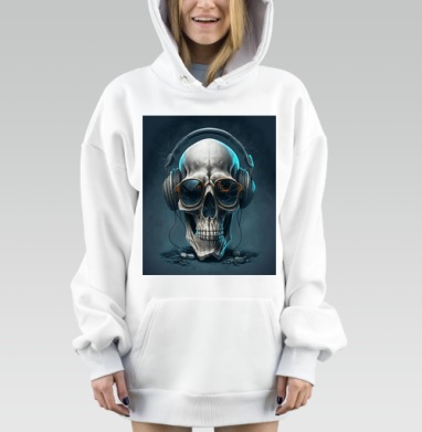 Мрачный череп в очках и наушниках слушает музыку меломан, Hoodie Mjhigh Dig, оверсайз, утепленная