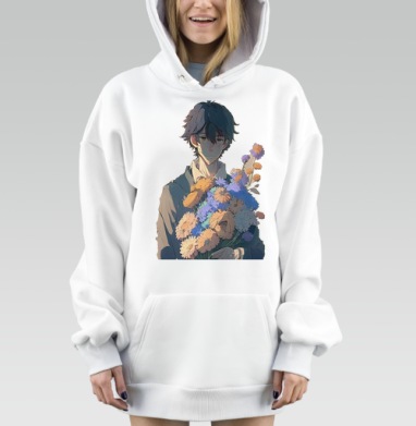 Меланхоличный юноша с букетом цветов в руках, Hoodie Mjhigh Dig, оверсайз, утепленная