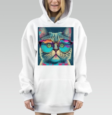 Кот в очках ярких цветах для детей и взрослых, Hoodie Mjhigh Dig, оверсайз, утепленная