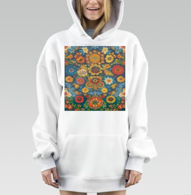 Насыщенный фольклорный цветочный узор на синем фоне, Hoodie Mjhigh Dig, оверсайз, утепленная