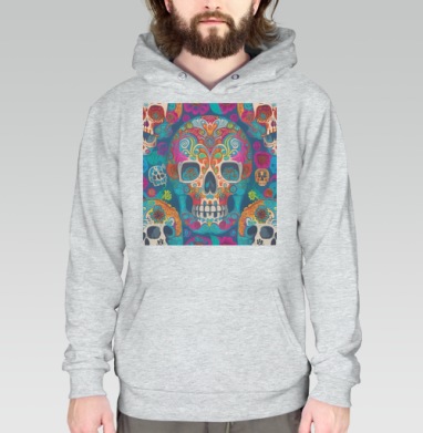 Красочный череп в цветах и орнаментах синих розовых оранжевых последних слов, Толстовка меланж Regular