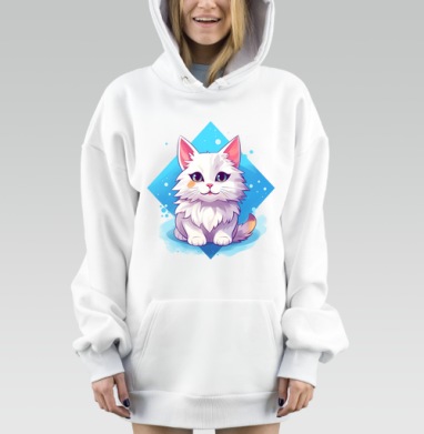 Белый котёнок на голубом фоне милый пушистый котёнок, Hoodie Mjhigh Dig, оверсайз, утепленная