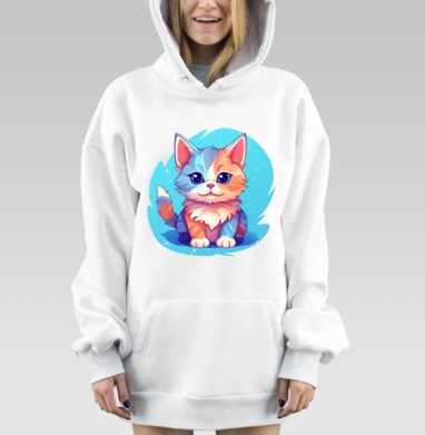 Милый котёнок с голубо оранжевой шерстью сидит, Hoodie Mjhigh Dig, оверсайз, утепленная