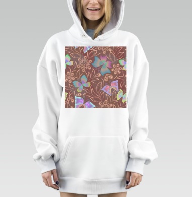 Паттерн с бабочками и узорами на коричневом фоне, Hoodie Mjhigh Dig, оверсайз, утепленная