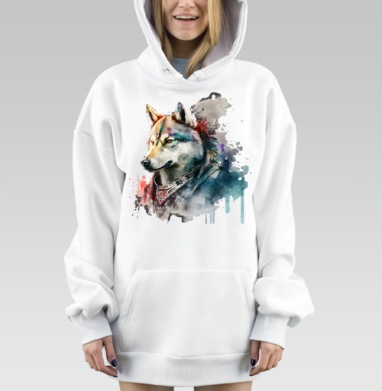 Могущественный волк в акварельных тонах с королевским ошейником плечи, Hoodie Mjhigh Dig, оверсайз, утепленная