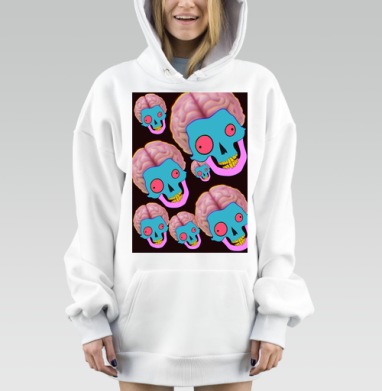Неоновый череп мозг психоделик неоновый череп мозг, Hoodie Mjhigh Dig, оверсайз, утепленная