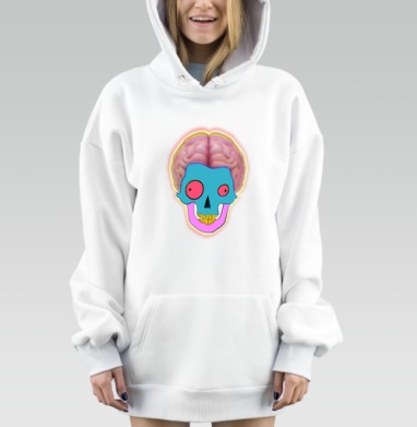 Психоделический череп с мозгом в ярких цветах, Hoodie Mjhigh Dig, оверсайз, утепленная
