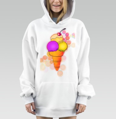 Яркое мороженое с тремя шариками и вишней на фоне воздушности, Hoodie Mjhigh Dig, оверсайз, утепленная