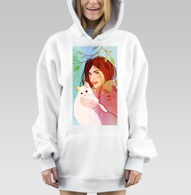 Девушка с кошкой под ветками дерева от дождя, Hoodie Mjhigh Dig, оверсайз, утепленная