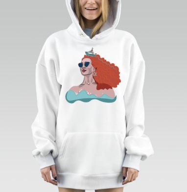 Уверенная рыжеволосая женщина с кораблем на голове и волной, Hoodie Mjhigh Dig, оверсайз, утепленная