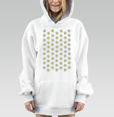 Ромашки белые на сером фоне создают нежные цветочные мотивы, Hoodie Mjhigh Dig, оверсайз, утепленная