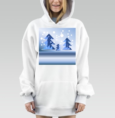 Геометрические синие зимние ёлки на фоне снега зимнего вечера, Hoodie Mjhigh Dig, оверсайз, утепленная