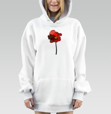 Красный мак с жёлтыми тычинками на сером фоне, Hoodie Mjhigh Dig, оверсайз, утепленная