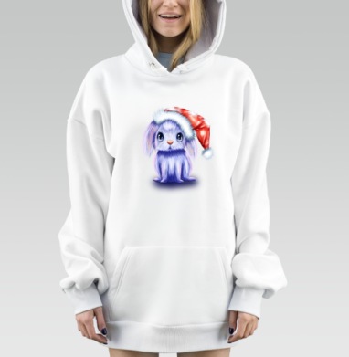 Любопытный сиреневый зайчик в рождественской шапке зимние моменты, Hoodie Mjhigh Dig, оверсайз, утепленная