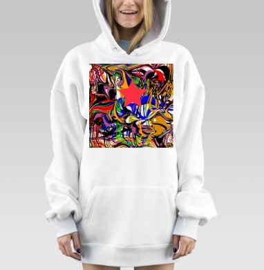 Красная звезда на динамичном абстрактном фоне с разводами, Hoodie Mjhigh Dig, оверсайз, утепленная