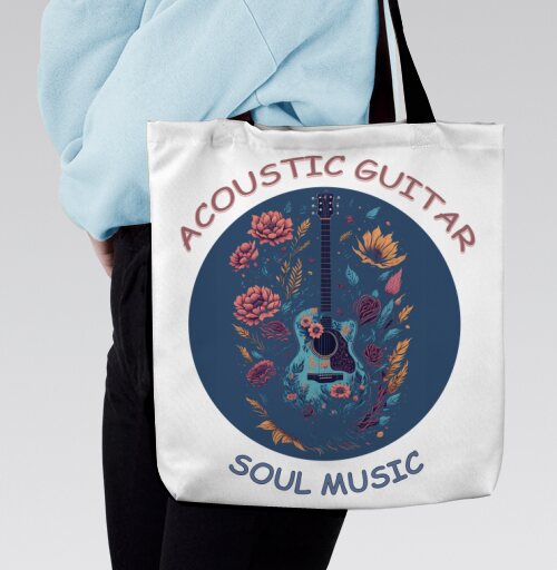 Аккустическая гитара с цветами и душевной музыкой soul music, Сумка с ручкой и внутренним карманом на молнии