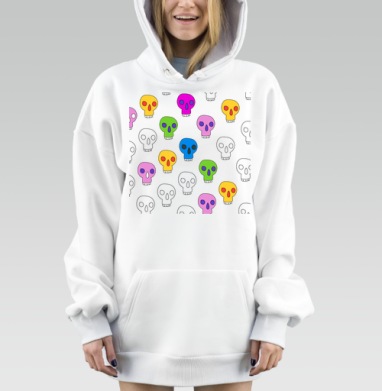 Яркие черепа разноцветные на сером фоне на сером фоне, Hoodie Mjhigh Dig, оверсайз, утепленная