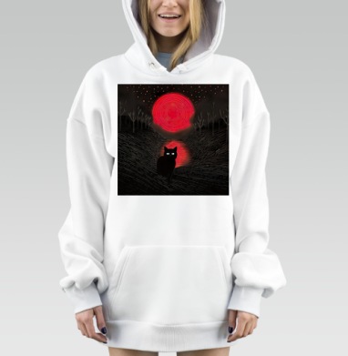 Черный кот на фоне красной луны с отражением красной луны, Hoodie Mjhigh Dig, оверсайз, утепленная