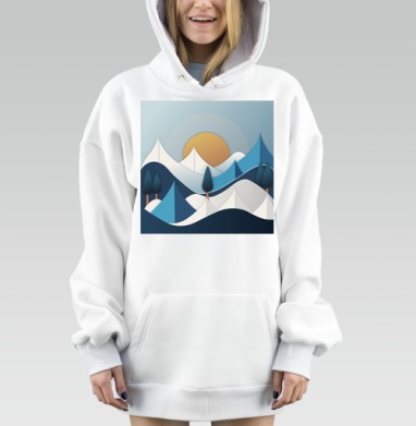 Спокойный горный пейзаж с солнцем и соснами в минимализме, Hoodie Mjhigh Dig, оверсайз, утепленная