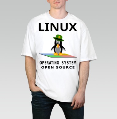 Пингвин в зеленой шляпе на фоне Linux операционная система open source, Футболка / Мужчинам / Оверсайз / Белая / C принтом