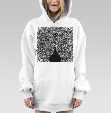 Птица на кресте черный силуэт хаос сетка рисунок, Hoodie Mjhigh Dig, оверсайз, утепленная