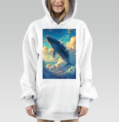 Летающий синий кит над облаками мечта вдохновение, Hoodie Mjhigh Dig, оверсайз, утепленная
