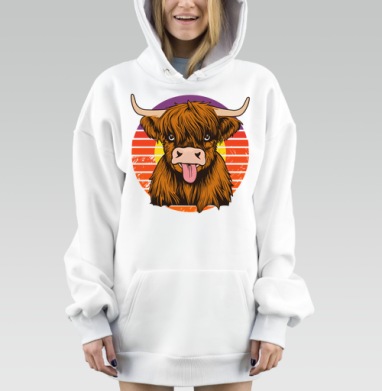 Ковбойский бык игриво высовывает язык в предзакатных лучах, Hoodie Mjhigh Dig, оверсайз, утепленная