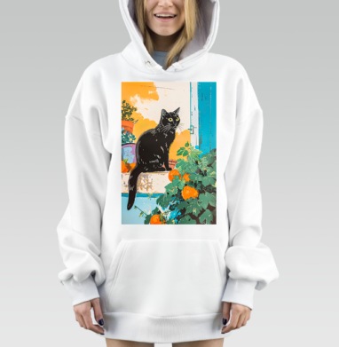 Черный кот среди апельсинов и зелени на улице, Hoodie Mjhigh Dig, оверсайз, утепленная