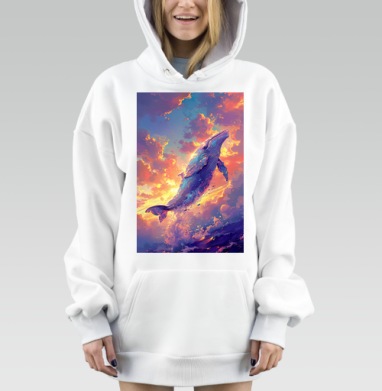Летающий фэнтези кит в динамичном воздушном полёте, Hoodie Mjhigh Dig, оверсайз, утепленная