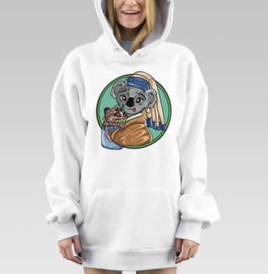 Коала с жемчужной серьгой и вкусным десертом на фоне, Hoodie Mjhigh Dig, оверсайз, утепленная