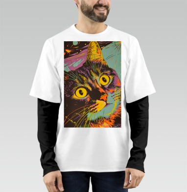 Кот Космос Вселенная Яркий Энергичный, Футболка мужская лонгслив OneOne